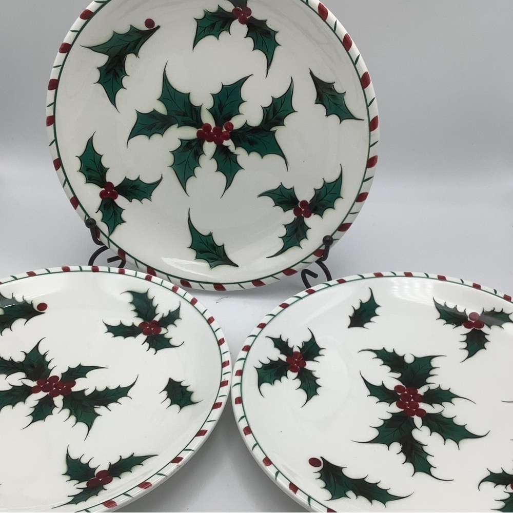 Three Vintage Lefton Hand Decorated Holly and Candy Cane Christmas Dinner Plates